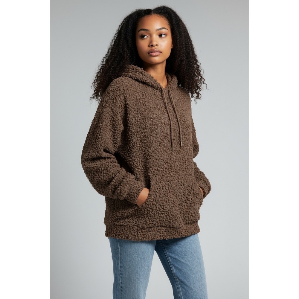 Brown Fuzzy Teddy Bear Sherpa Fleece Hoodie Sweatshirt Women's Casual Comfort